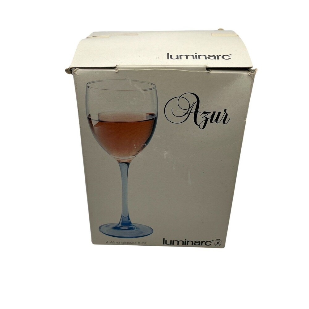 Vintage Luminarc 4 Blue Stem/Clear 8 oz Wine Glasses New In Box